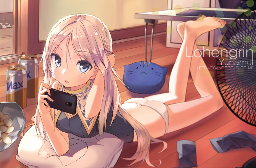 1girl artist_name bare_legs barefoot beer_can blonde_hair blue_eyes braid cellphone crossed_legs electric_fan hair_between_eyes hair_tucking half_updo highres long_hair looking_at_viewer lying no_pants on_stomach open_mouth panties phone potato_chips smartphone solo underwear white_panties yunamul