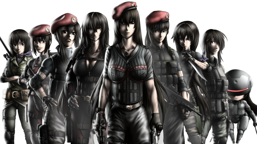 6+girls alternate_hair_length alternate_hairstyle belt_buckle belt_pouch beret bodysuit breasts brown_hair chibi cleavage combat_knife crossed_arms dual_wielding elbow_pads gun hair_over_one_eye hair_ribbon hat helmet highres holster knee_pads large_breasts lineup lips load_bearing_vest long_hair m.u.g.e.n multiple_girls multiple_persona neckerchief one_eye_closed operator original payot pistol ponytail reverse_grip ribbon rifle scar sendai_hakurei_no_miko short_hair smile sniper_rifle submachine_gun taikyokuturugi thigh_holster touhou trigger_discipline unzipped veins visor weapon white_background wink yin_yang