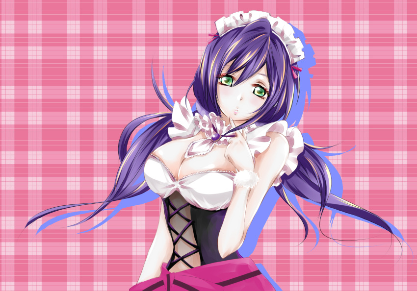 1girl alternate_costume apron bare_shoulders breasts choker cleavage enmaided finger_to_mouth frilled_sleeves frills green_eyes highres large_breasts long_hair looking_at_viewer love_live!_school_idol_project maid maid_headdress plaid plaid_background purple_hair skirt skirt_set solo toujou_nozomi twintails