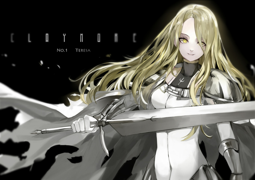 armor blonde_hair bodysuit cape character_name claymore copyright_name gloves highres pauldrons saberiii sword teresa text weapon yellow_eyes