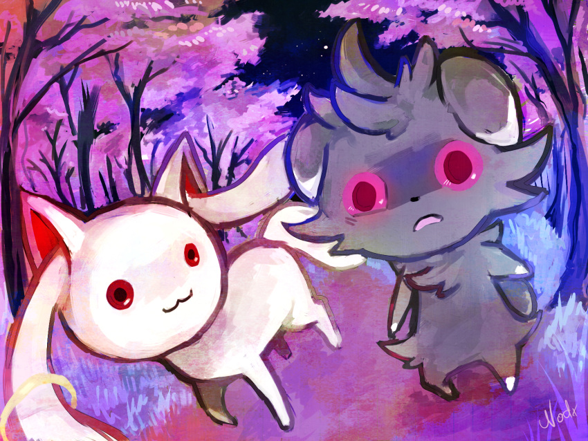 :3 artist_name crossover espurr grass highres kyubey looking_at_another mahou_shoujo_madoka_magica natx-chan no_humans open_mouth pokemon pokemon_(creature) red_eyes star_(sky) tree