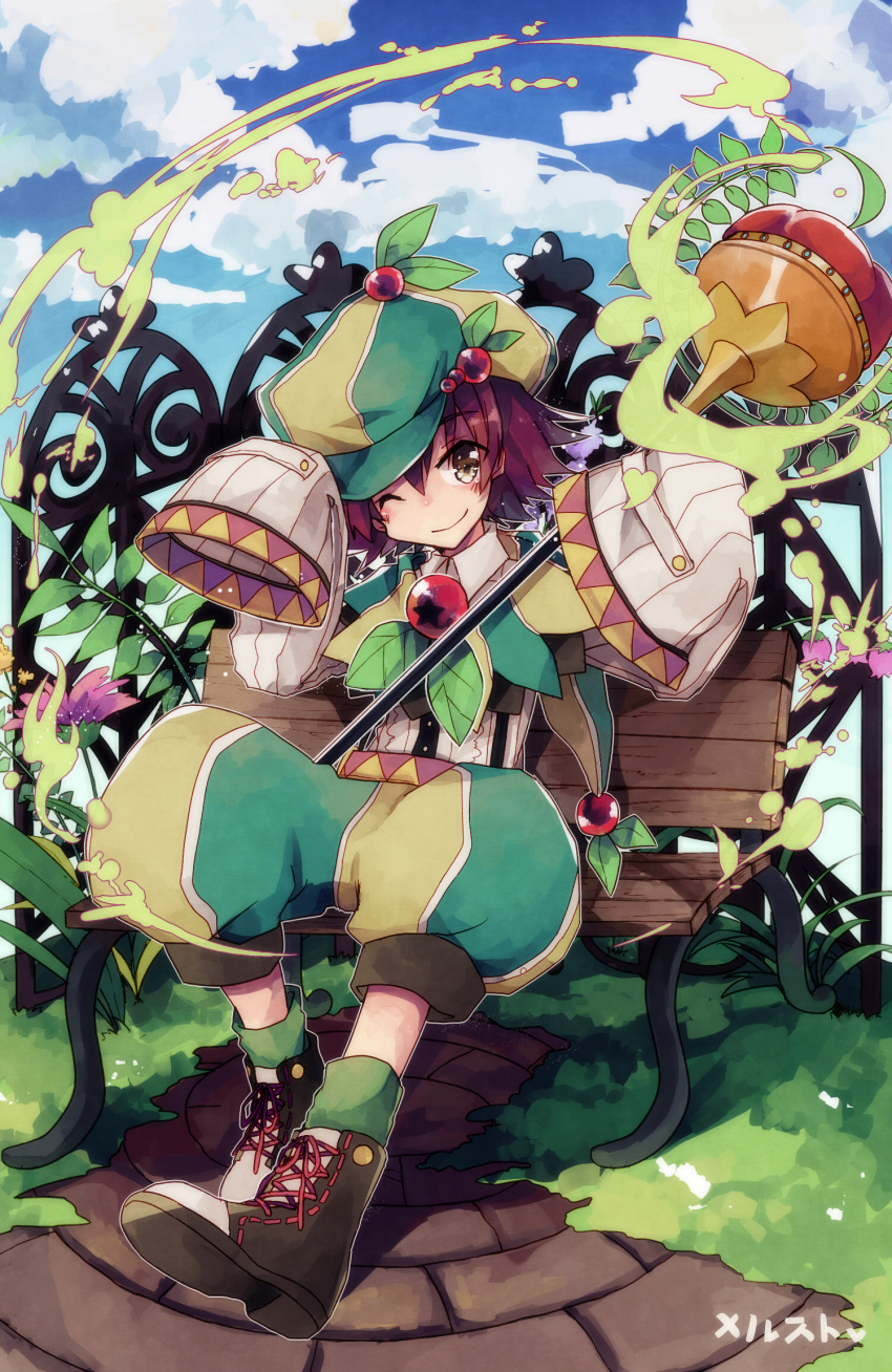 1girl bench brown_hair character_request copyright_name flower hat highres holding leaf long_sleeves merc_storia one_eye_closed saku_qq shoes sitting sky smile solo staff tagme wide_sleeves wink yellow_eyes