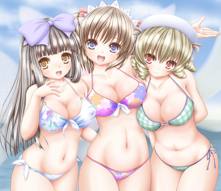 3girls :d akino_irori bikini black_hair blonde_hair bow breasts brown_eyes brown_hair checkered checkered_bikini clouds collarbone cowboy_shot drill_hair fairy_wings floral_print friends front-tie_bikini group_hug hair_bow hat highres hug large_breasts long_hair luna_child midriff multiple_girls navel open_mouth red_eyes short_hair side-tie_bikini sky smile star_sapphire string_bikini sunny_milk swimsuit touhou violet_eyes water wings