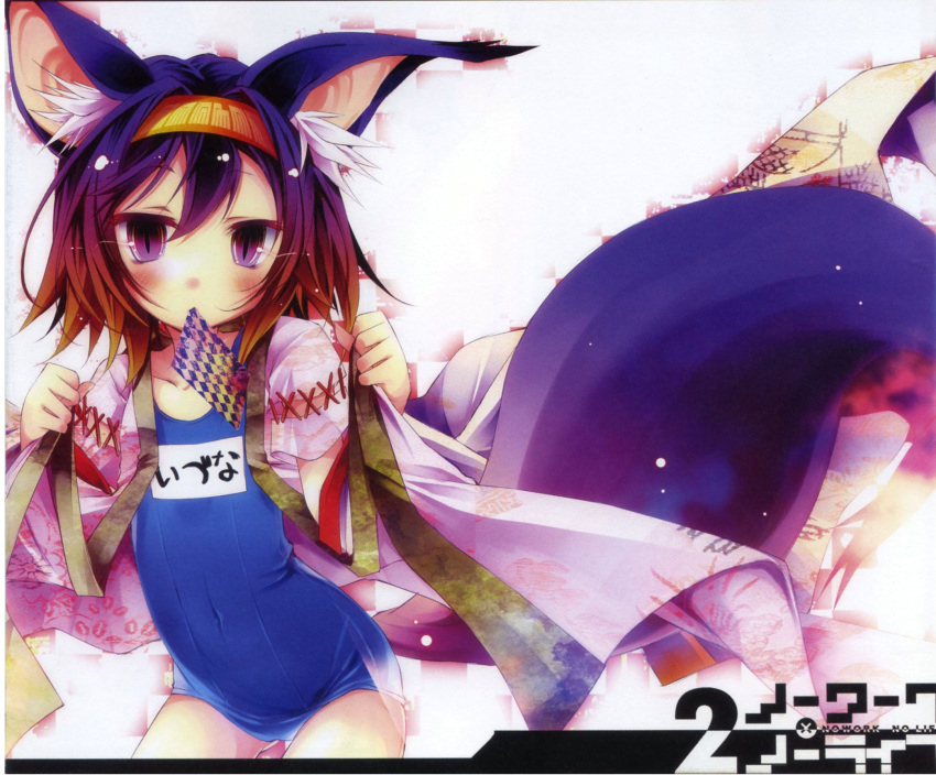 1girl animal_ears artist_request card checkered checkered_background covered_navel flat_chest fox_ears fox_tail gradient_hair hairband hatsuse_izuna highres jpeg_artifacts looking_at_viewer mouth_hold multicolored_hair name_tag no_game_no_life playing_card purple_hair school_swimsuit short_hair solo swimsuit tail violet_eyes white_background