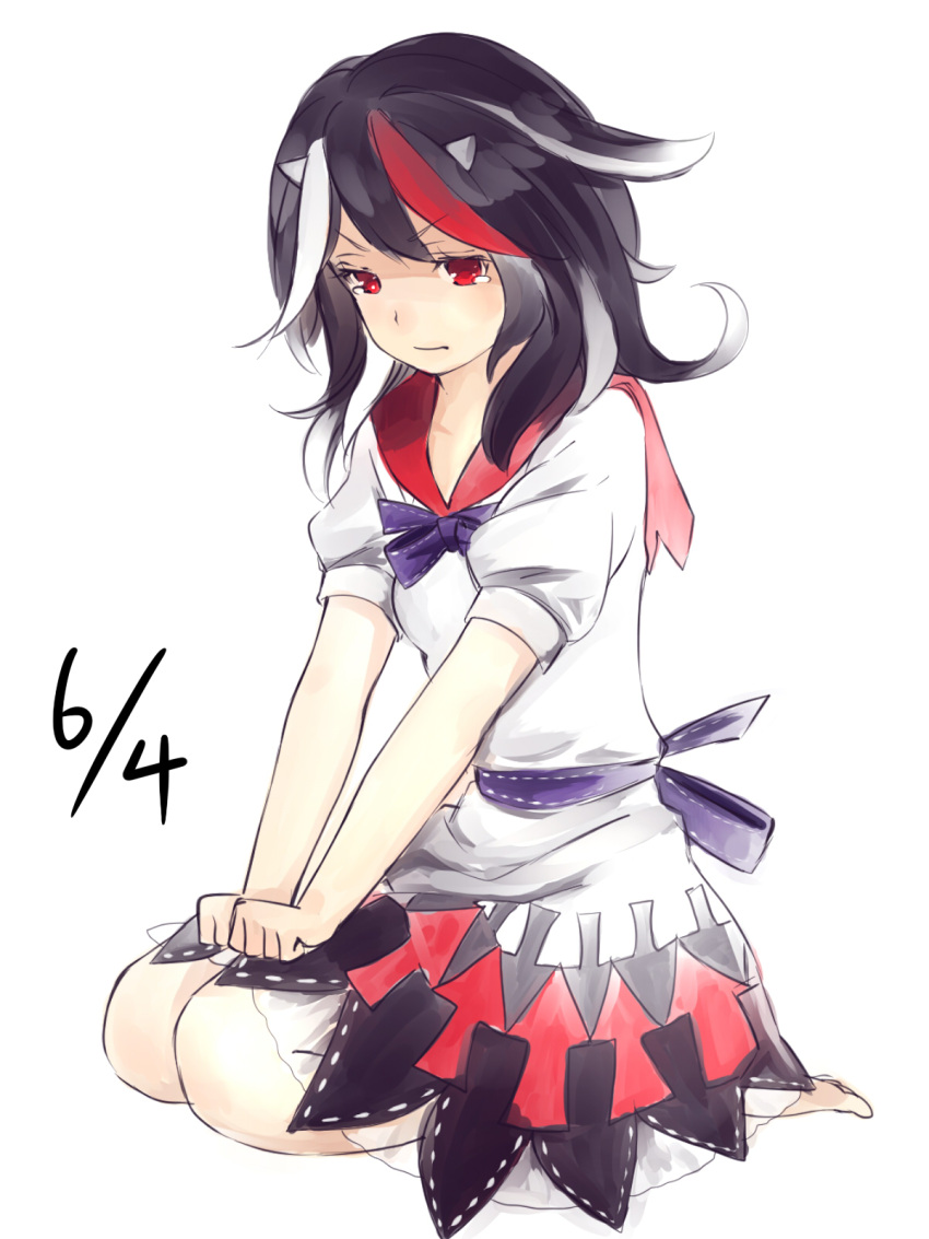 1girl black_hair bow dated dress hands_on_feet highres horns kijin_seija multicolored_hair nagata_nagato red_eyes redhead seiza short_hair short_sleeves simple_background sitting sketch solo streaked_hair tears touhou white_background white_hair