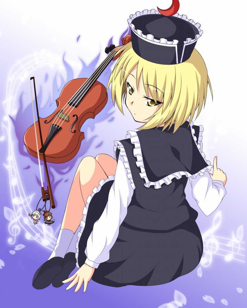 1girl arm_up aura blonde_hair blue_background bow_(instrument) character_doll crescent expressionless gradient gradient_background hat highres index_finger_raised instrument keyboard_(instrument) knees_up long_sleeves looking_at_viewer looking_back lunasa_prismriver lyrica_prismriver merlin_prismriver musical_note petals short_hair sitting skirt skirt_set solo staff_(music) touhou trumpet utakata_(azaka00) violin yellow_eyes