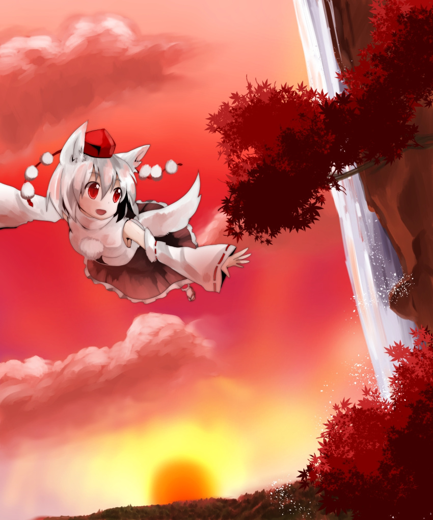 1girl animal_ears bare_shoulders breasts detached_sleeves flying geta happy hat highres inubashiri_momiji looking_away nayutaro open_mouth pom_pom_(clothes) red_eyes smile solo sun tail tokin_hat touhou tree water waterfall wolf_ears wolf_tail