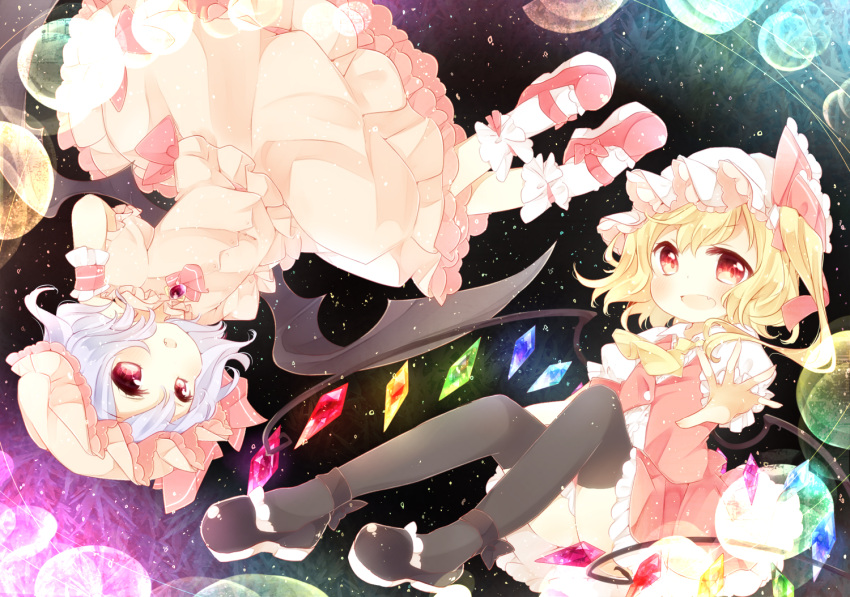 2girls asymmetrical_hair asymmetrical_wings bat_wings black_legwear blonde_hair bobby_socks bow crystal dress fang flandre_scarlet floating hair_bow lavender_hair looking_at_viewer mary_janes multiple_girls open_mouth outstretched_arms outstretched_hand pink_dress red_clothes red_eyes red_skirt remilia_scarlet ribbon shoes short_hair side_ponytail skirt smile socks thigh-highs thighs toadstool_(natadekoko) touhou wings
