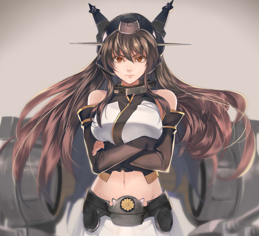 1girl black_gloves blush brown_eyes brown_hair crossed_arms elbow_gloves fingerless_gloves gloves hairband headgear kabocha kantai_collection long_hair looking_at_viewer midriff nagato_(kantai_collection) navel simple_background skirt solo