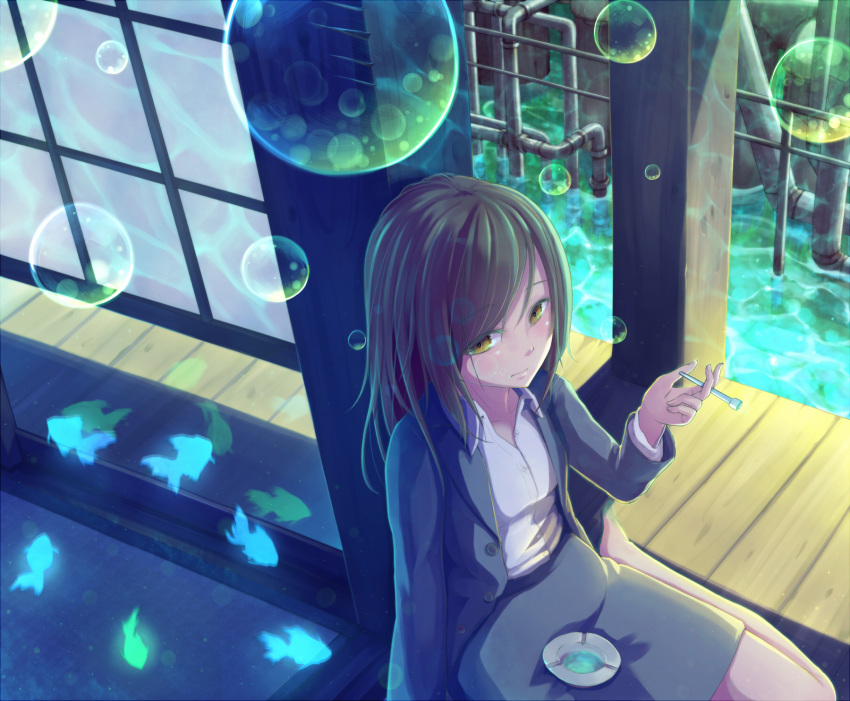 ashtray blouse brown_hair bubble bubble_pipe dararito fish highres jacket original pipes reflection sitting skirt water yellow_eyes