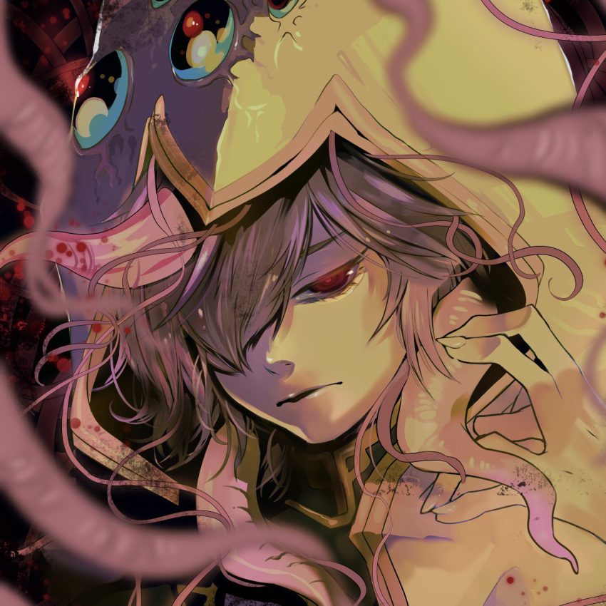 1boy bangs black_background blurry blurry_background brown_hair chari_(kkwt) closed_mouth dragon_poker expressionless hair_over_one_eye hand_up hastur highres hood hood_up looking_at_viewer male_focus portrait red_background red_eyes shiny shiny_skin solo tentacles