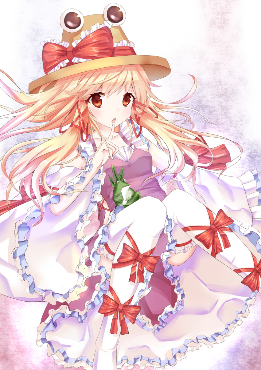 1girl alternate_costume alternate_hair_length alternate_hairstyle blonde_hair detached_sleeves dress finger_to_mouth frills frog_print gradient gradient_background hair_ribbon hat hat_ribbon highres knees_together_feet_apart knees_up leg_ribbon long_hair looking_at_viewer moriya_suwako no_shoes open_mouth payot red_eyes ribbon ribbon-trimmed_legwear ribbon-trimmed_sleeves ribbon_trim solo thigh-highs touhou xiao_yinbie