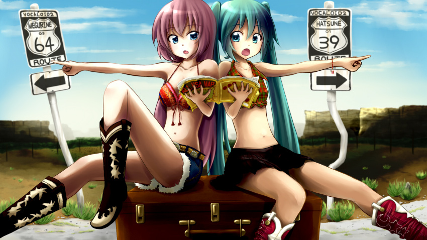 2girls 39 64 america aqua_eyes aqua_hair belt belt_buckle bikini_top boots briefcase cowboy_boots cutoffs d: denim denim_shorts desert front-tie_top halter_top halterneck hatsune_miku highres highway kadomaki_shinnosuke long_hair map megurine_luka midriff multiple_girls navel open_mouth pink_hair pointing pun revision road_sign shorts sign sitting skirt sleeveless sleeveless_shirt symmetry tied_shirt travel twintails vocaloid