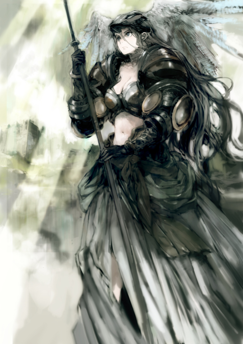 1girl armor armored_dress breasts grey_eyes head_wings highres long_hair original polearm revision silver_hair solo spear toi8 valkyrie weapon