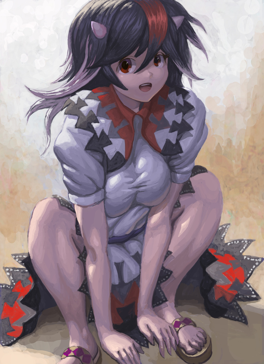 1girl black_hair breast_squeeze breasts brown_background directional_arrow dress gradient gradient_background highres horns kijin_seija looking_at_viewer multicolored_hair open_mouth redhead sandals short_sleeves solo squatting streaked_hair syuraime_0 touhou white_background white_hair