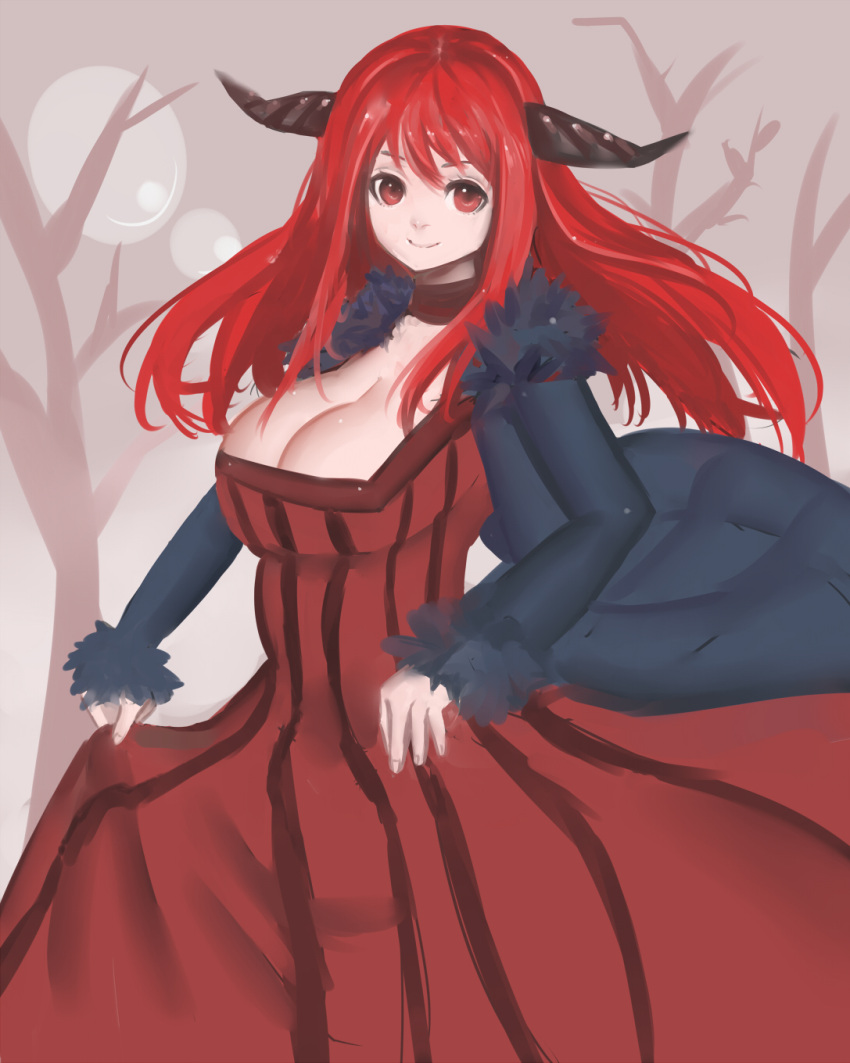 1girl bare_tree breasts bxr choker cleavage clothes_grab dress floating_hair fur_trim gown highres horns large_breasts long_hair long_sleeves maou_(maoyuu) maoyuu_maou_yuusha red_dress red_eyes redhead sleeves_past_wrists solo striped striped_dress tree vertical-striped_dress