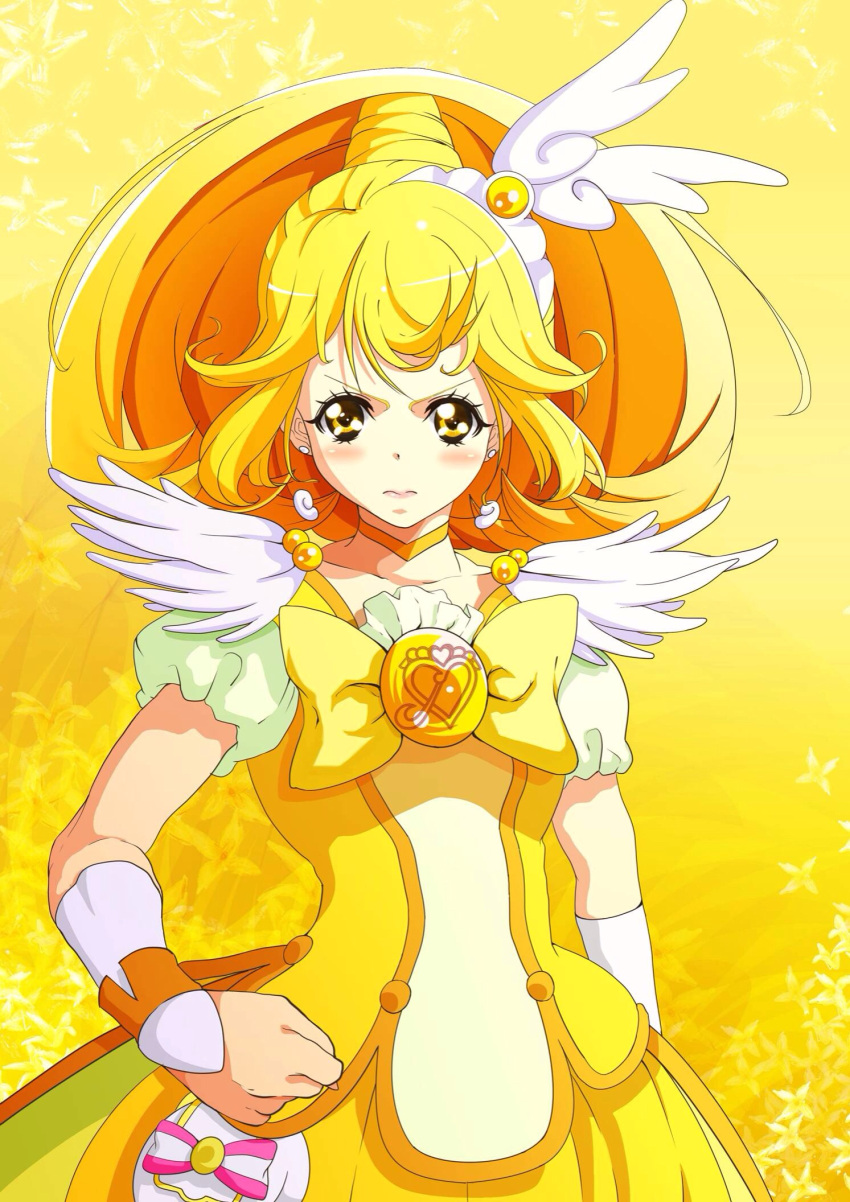 1girl blonde_hair blush choker cure_peace dress earrings eyelashes gradient gradient_background hair_ornament hh39731111 highres jewelry kise_yayoi long_hair looking_at_viewer magical_girl ponytail precure ribbon serious skirt smile_precure! solo standing wrist_cuffs yellow yellow_background yellow_dress yellow_eyes yellow_skirt