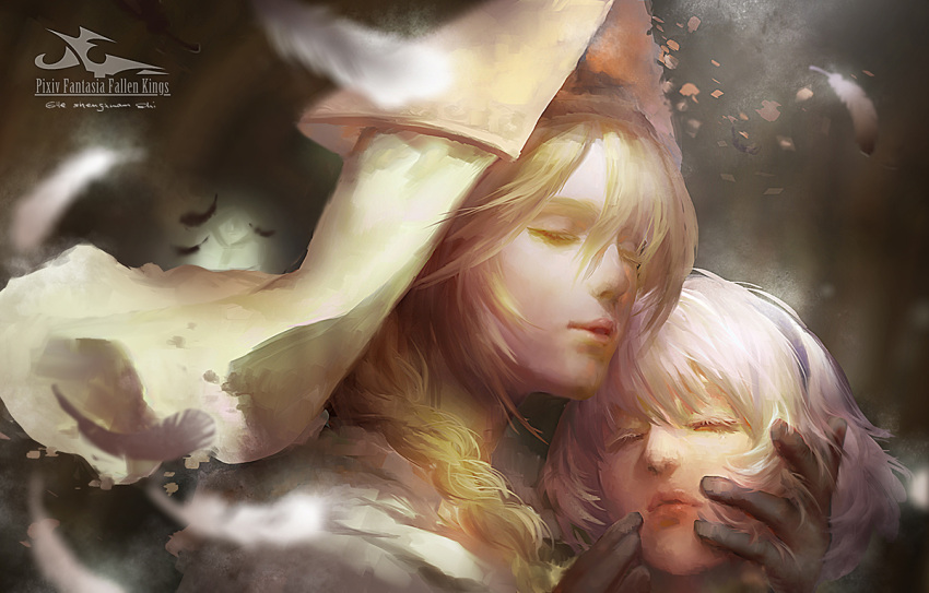 1girl blonde_hair blurry braid closed_eyes colored_eyelashes copyright_name depth_of_field eyelashes feathers hair_between_eyes hand_on_another's_face hat holding lips lost_elle parted_lips pixiv_fantasia pixiv_fantasia_fallen_kings realistic side_braid silver_hair
