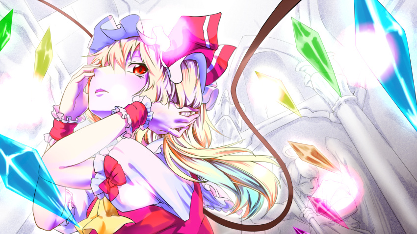 1girl angel ascot asymmetrical_wings blonde_hair crystal dress flandre_scarlet from_side hair_tucking hand_on_own_face looking_at_viewer mob_cap puffy_short_sleeves puffy_sleeves red_dress red_eyes short_hair short_sleeves slit_pupils solo solo_focus statue tenamaru touhou wings wrist_cuffs
