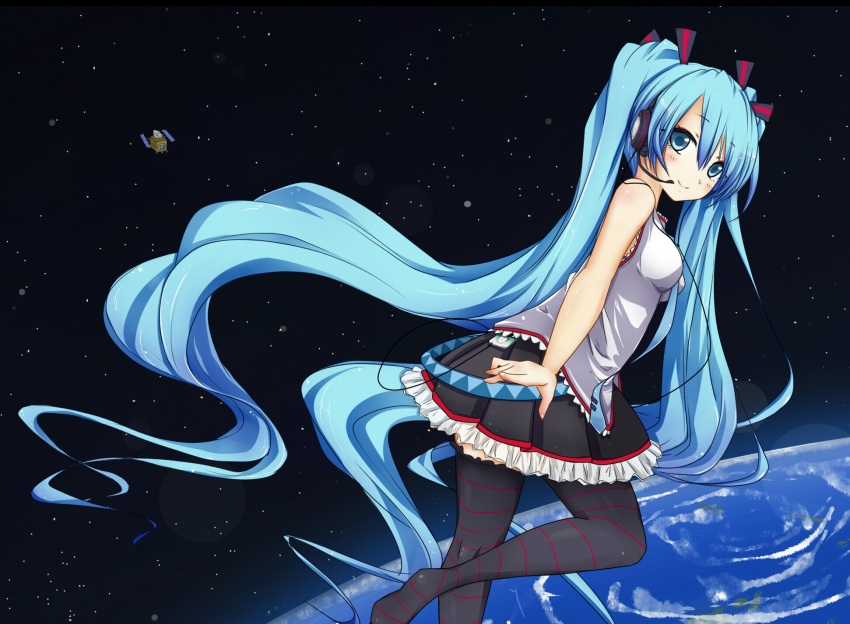 1girl aqua_eyes aqua_hair blush detached_sleeves earth floating floating_hair hatsune_miku hayabusa_(spacecraft) headphones headset highres letterboxed long_hair necktie revision satellite sei000 skirt smile solo space space_craft striped striped_legwear thigh-highs twintails very_long_hair vocaloid