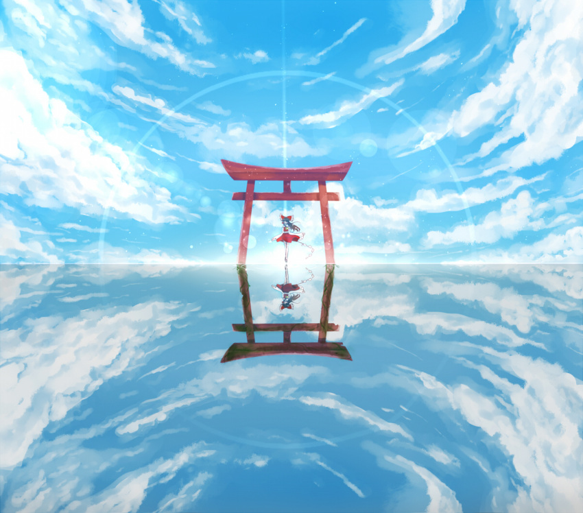 1girl ascot bai_yemeng bare_legs black_hair blue_sky bow clouds detached_sleeves different_reflection distant gohei hair_bow hakurei_reimu horizon lens_flare long_hair reflection sky solo tiptoes torii touhou vines water wind
