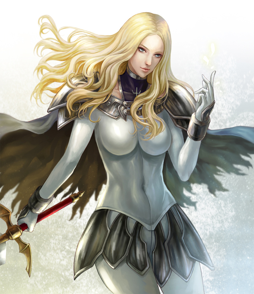 1girl armor blonde_hair blue_eyes breasts cape claymore claymore_(sword) highres long_hair pengnangehao solo sword teresa torn_clothes weapon