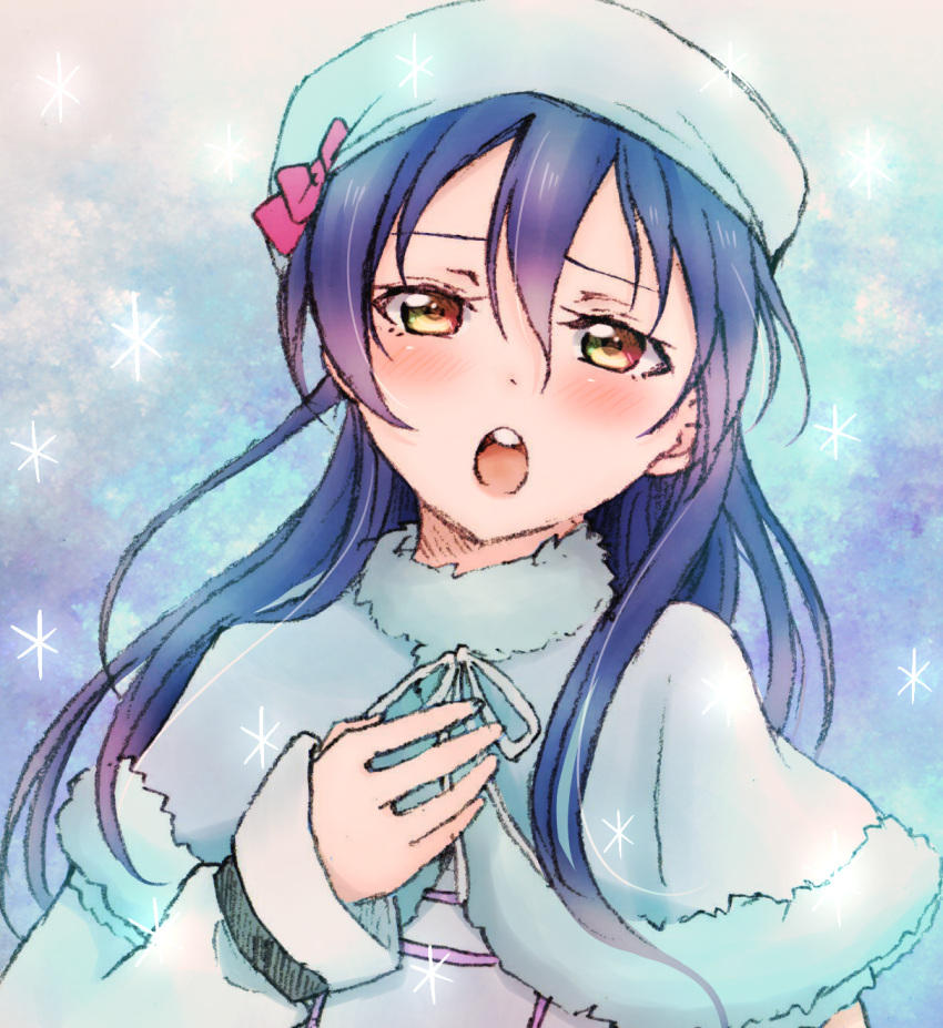 1girl blue_hair blush capelet fur_trim hand_on_own_chest hat highres long_hair looking_at_viewer love_live!_school_idol_project open_mouth shawl singing snow solo sonoda_umi very_long_hair yellow_eyes