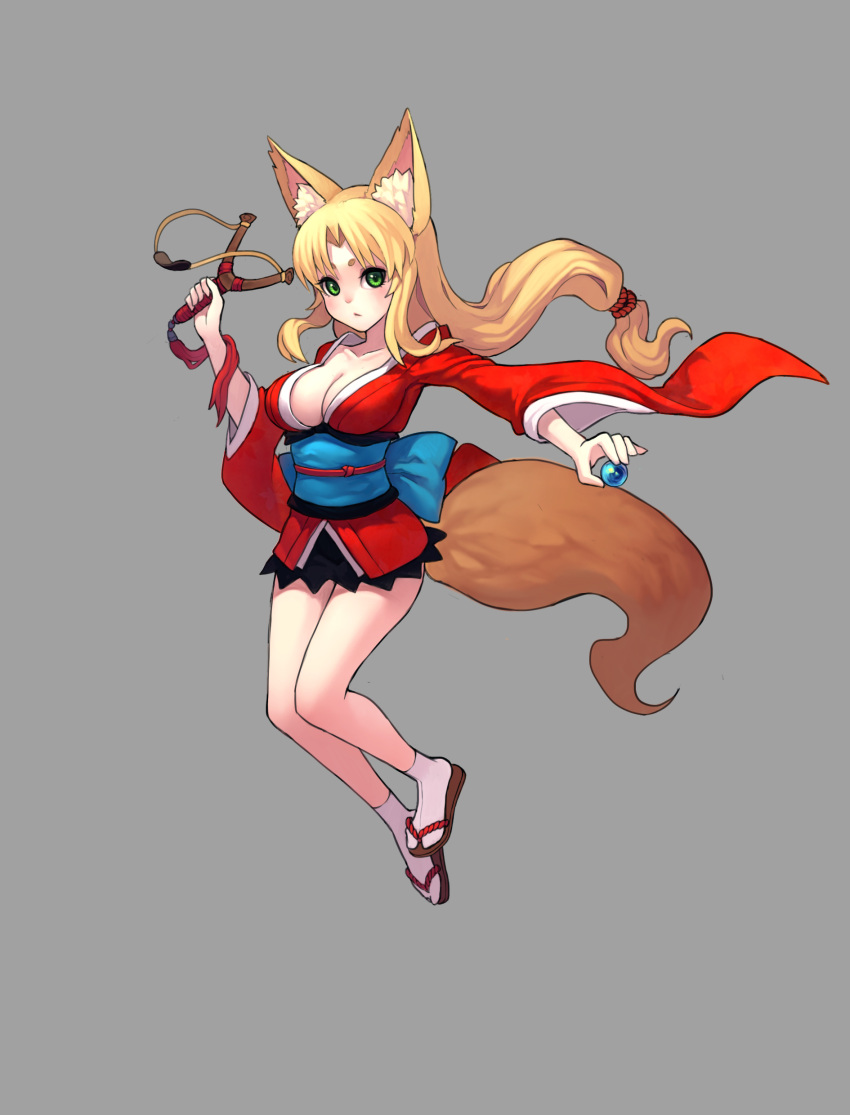1girl absurdres animal_ears blonde_hair breasts cleavage fkey fox_ears fox_tail green_eyes highres japanese_clothes long_hair original slingshot solo tail