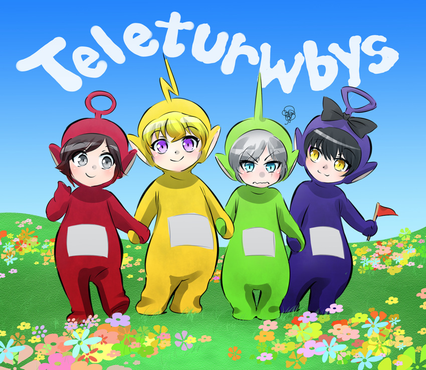 4girls :&gt; :3 annoyed bbc black_hair blake_belladonna blonde_hair blue_eyes color_connection color_joke cosplay dipsy dipsy_(cosplay) flag flower grey_eyes helpyourselfish holding_hands laa-laa laa-laa_(cosplay) multiple_girls parody pbs po po_(teletubby) po_(teletubby)_(cosplay) ragdoll_(company) redhead rooster_teeth ruby_rose rwby smile teletubbies tinky_winky tinky_winky_(cosplay) title_parody violet_eyes weiss_schnee white_hair yang_xiao_long yellow_eyes