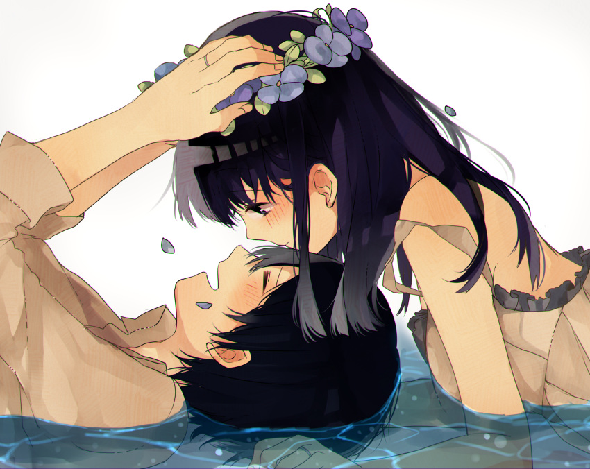 1boy 1girl black_hair blush closed_eyes couple hand_on_another's_head hetero highres lingmuzi long_hair looking_at_another lying original short_hair smile water