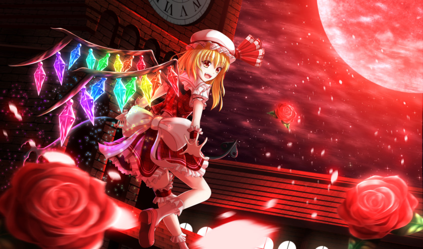 1girl blonde_hair bow clock clock_tower ddfftasogare fang flandre_scarlet flower folded_leg from_behind full_moon garters hat hat_ribbon highres laevatein light_particles looking_at_viewer looking_back mary_janes mob_cap moon night open_mouth outdoors plaid plaid_skirt plaid_vest red_eyes red_moon red_rose red_sky ribbon roman_numerals rose scarlet_devil_mansion shoes short_hair short_sleeves side_ponytail skirt sky socks solo touhou tower wings wrist_cuffs