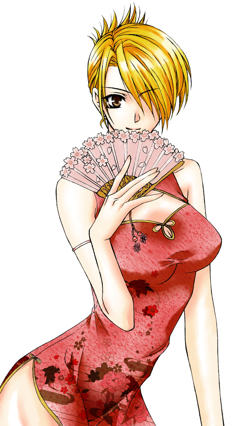 1girl absurdres blonde_hair brown_eyes china_dress chinese_clothes cleavage_cutout fan folded_ponytail folding_fan fullmetal_alchemist highres kaname_a riza_hawkeye side_slit solo