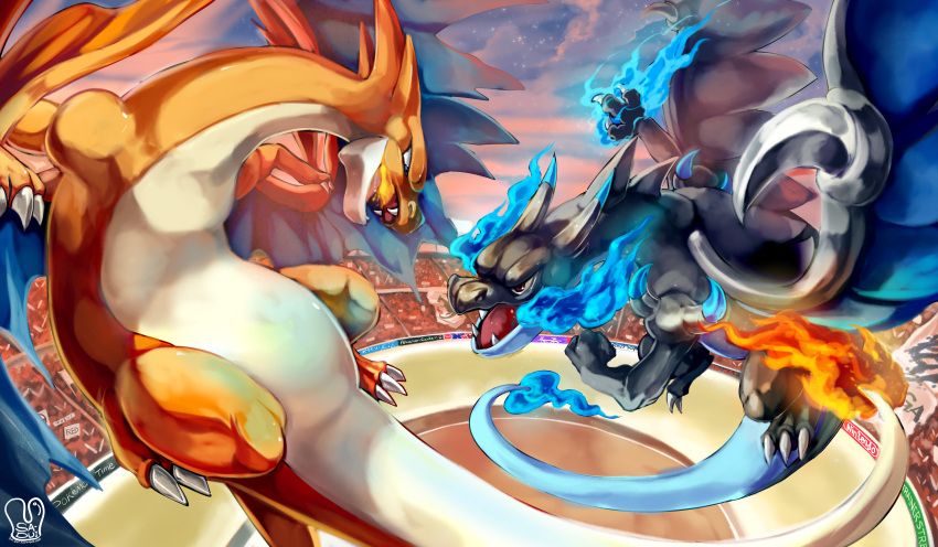 absurdres battle blue_eyes blue_fire epic fire flying highres horns mega_charizard_x mega_charizard_y mega_pokemon no_humans pokemon pokemon_(creature) pokemon_(game) pokemon_xy red_eyes sa-dui spikes tail talons wings