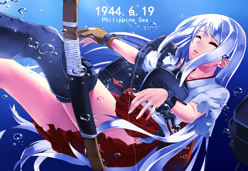 1girl asphyxiation bow_(weapon) bubble closed_eyes dated drowning highres in_water kantai_collection long_hair mizuki_ame muneate parted_lips pleated_skirt shoukaku_(kantai_collection) skirt solo tagme torn_clothes weapon white_hair