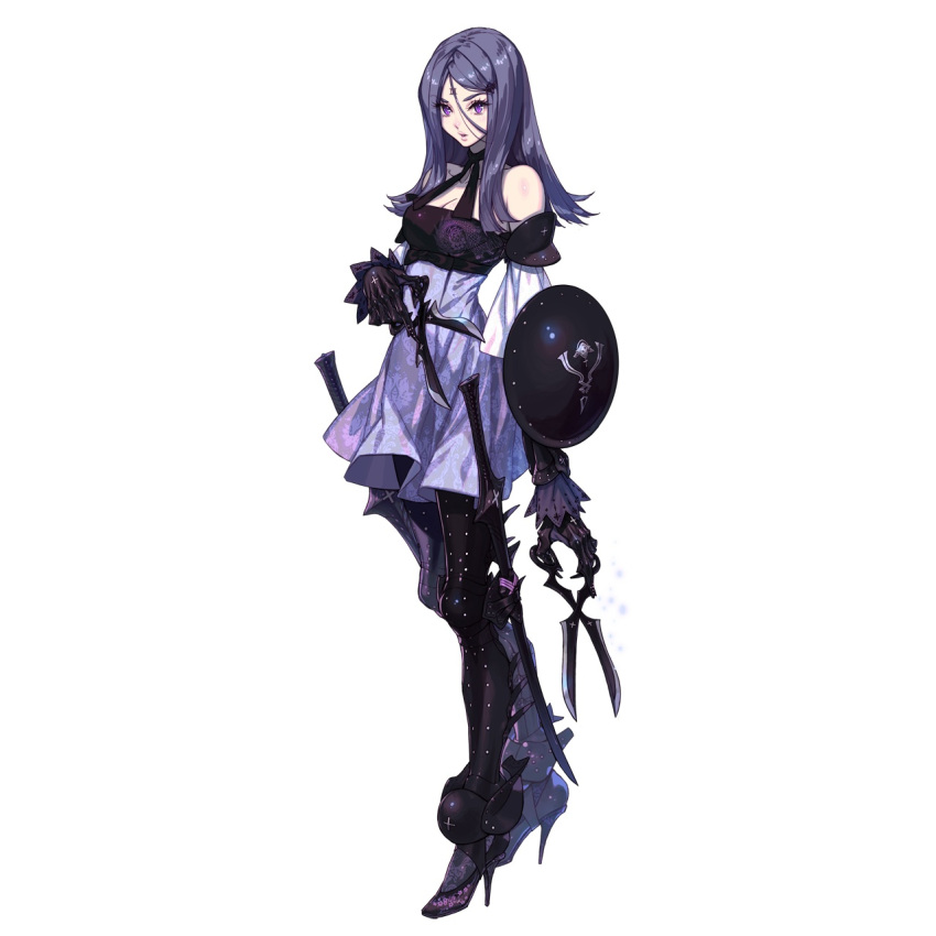 1girl buckler drag-on_dragoon drag-on_dragoon_3 dress fujisaka_kimihiko grey_hair highres official_art purple_dress scissors shield simple_background sword three_(drag-on_dragoon) violet_eyes weapon