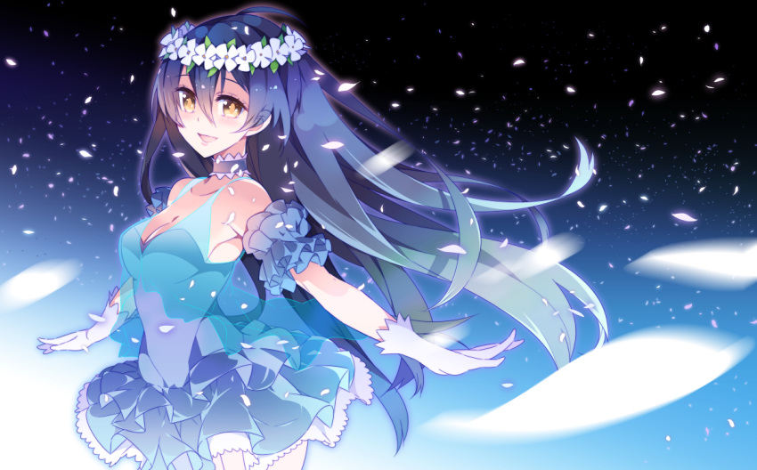 1girl :d blue_hair bubble_skirt choker detached_sleeves dress flower flower_on_head frilled_skirt frills gloves long_hair looking_at_viewer love_live!_school_idol_project open_mouth petals puffy_detached_sleeves puffy_sleeves see-through skirt smile solo sonoda_umi very_long_hair white_gloves yellow_eyes