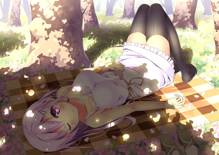 1girl :o blanket blush breasts collarbone dress forest grass hair_ornament hairclip high_heels long_hair looking_at_viewer lying nature on_back one_eye_closed original petals pink_eyes purple_clothes purple_hair sandals sandals_removed shade shadow shoes_removed solo spaghetti_strap thigh-highs tree