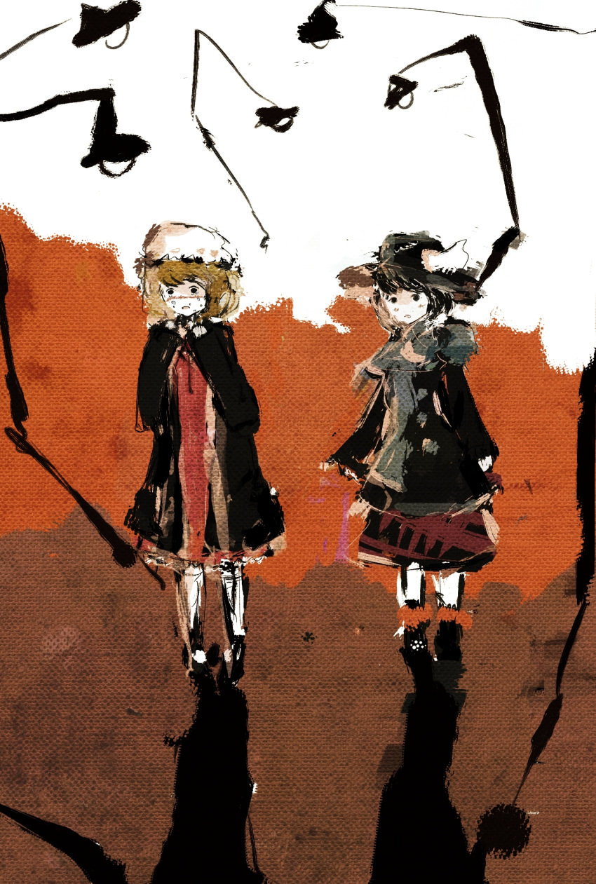 2girls abstract_background black_hair blonde_hair blush bow crying crying_with_eyes_open dress faux_traditional_media hair_bow hat hat_bow highres jacket lamppost maribel_hearn mob_cap multiple_girls open_mouth red_dress road scarf shadow side_ponytail street tears timesoe touhou usami_renko white_bow