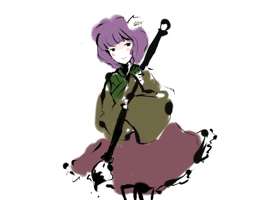 1girl absurdres bob_cut calligraphy_brush flower hair_flower hair_ornament hieda_no_akyuu highres holding_brush ink japanese_clothes kimono light_smile looking_to_the_side oversized_object paintbrush purple_hair short_kimono simple_background skirt solo sumi-e timesoe touhou white_background