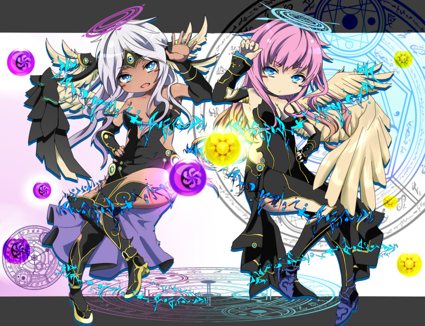 2girls angel archangel_metatron_(p&amp;d) bare_shoulders blue_eyes blush_stickers breasts chibi circlet cleavage dark_angel_metatron_(p&amp;d) dark_skin feathered_wings hand_on_hip hybrid_(artist) long_hair magic_circle multiple_girls pink_hair puzzle_&amp;_dragons wavy_hair white_hair wings