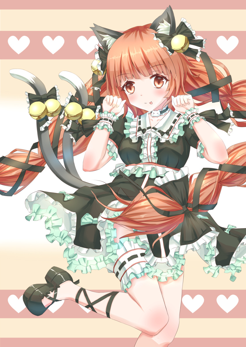 1girl adapted_costume animal_ears bell black_dress blush bow braid cat_ears cat_tail dress frilled_dress frills hair_bell hair_bow hair_ornament hair_ribbon heart highres kaenbyou_rin leg_ribbon long_hair multiple_tails paw_pose puffy_short_sleeves puffy_sleeves red_eyes redhead ribbon short_sleeves smile solo standing_on_one_leg tail tail_bell tail_bow thigh_strap tongue tongue_out touhou twin_braids very_long_hair wrist_cuffs xiao_yinbie