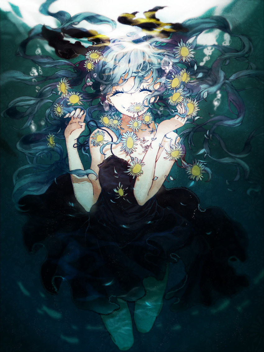 1girl absurdres black_dress blue_hair bubble dizi930 dress flower hatsune_miku highres shinkai_shoujo_(vocaloid) underwater vocaloid