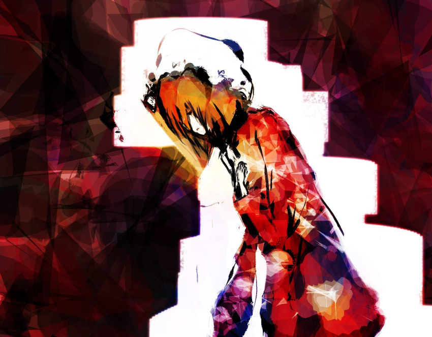 1girl abstract_background barrier blonde_hair borders closed_eyes hands_on_own_chest hat highres jacket leaning_forward maribel_hearn mob_cap short_hair solo timesoe touhou