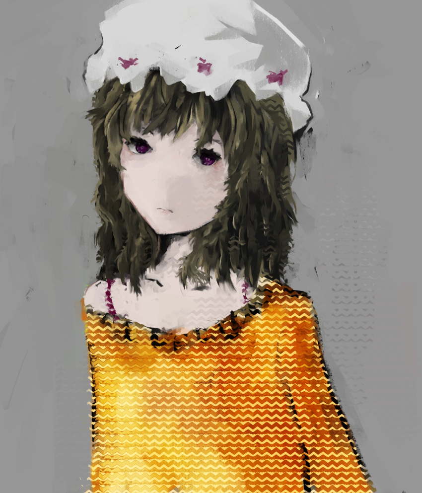 1girl absurdres alternate_costume blonde_hair grey_background hat highres looking_at_viewer maribel_hearn messy_hair mob_cap off-shoulder_sweater solo spaghetti_strap texture timesoe touhou violet_eyes