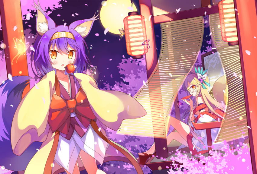 2girls animal_ears blonde_hair blush butterfly character_request glasses hair_ornament hairband hatsuse_izuna japanese_clothes kinoshita_neko long_hair looking_at_viewer multiple_girls no_game_no_life orange_eyes petals purple_hair sakazuki short_hair sitting tail wide_sleeves