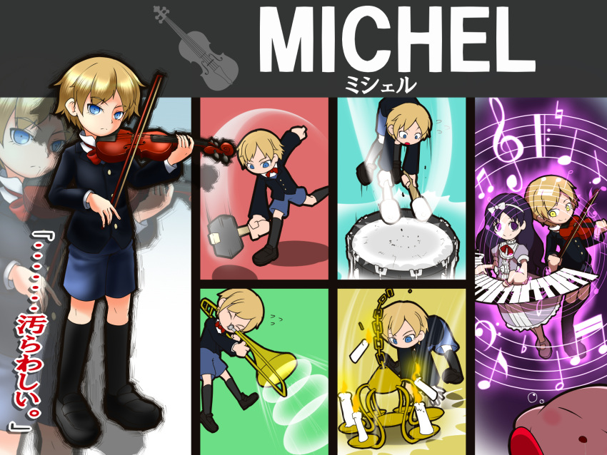 1boy 1girl black_hair blonde_hair blue_eyes candle chandelier character_name chloe_ardenne chloe_no_requiem commentary_request drum drumsticks final_smash hammer highres instrument kirby michel_d'alembert musical_note piano shan_grila sleeping sound_wave super_smash_bros. translated trombone violet_eyes violin yellow_eyes