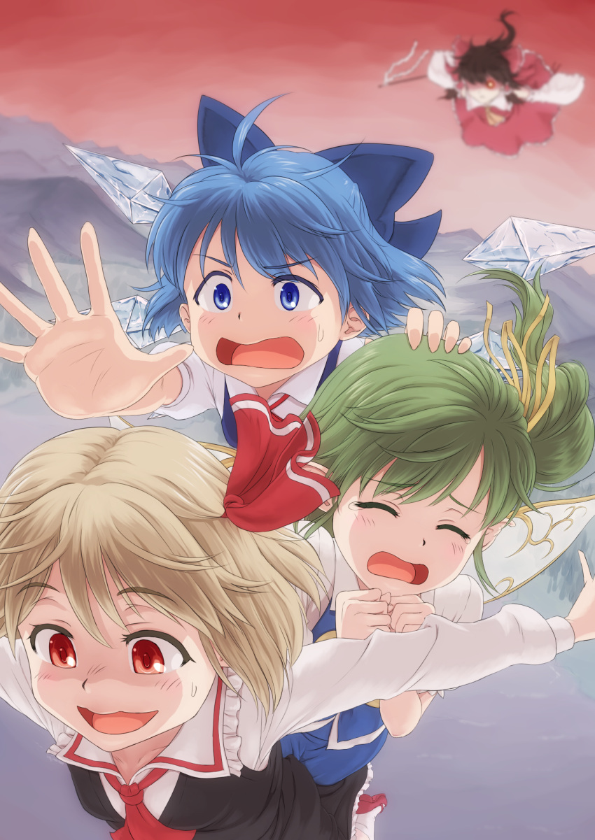 4girls ascot blonde_hair blue_eyes blue_hair blush bow brown_hair cirno closed_eyes daiyousei detached_sleeves forced_smile gohei green_hair hair_bow hair_ribbon hair_tubes hakurei_reimu highres japanese_clothes miko multiple_girls open_mouth outstretched_arms red_eyes ribbon rumia short_hair side_ponytail skirt touhou usfdive wings