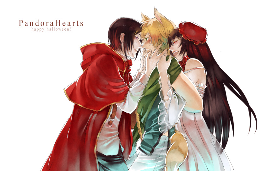 1girl 2boys animal_ears bare_shoulders blonde_hair bow braid brother_and_sister brown_hair cape choker closed_eyes copyright_name cosplay dress earrings formal frilled_dress frills green_eyes halloween highres hoodie hug hug_from_behind jack_vessalius jewelry lacie_baskerville little_red_riding_hood_(cosplay) long_hair multiple_boys numina open_mouth oswald_baskerville pandora_hearts short_hair siblings simple_background smile tail violet_eyes