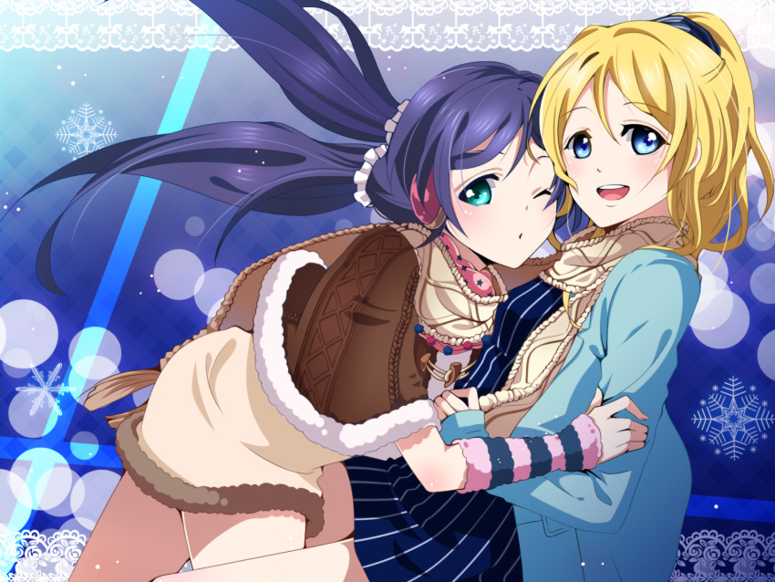 2girls ayase_eli blonde_hair blue_eyes breasts earmuffs green_eyes highres long_hair love_live!_school_idol_project m-1ng multiple_girls one_eye_closed open_mouth ponytail purple_hair smile toujou_nozomi twintails winter_clothes