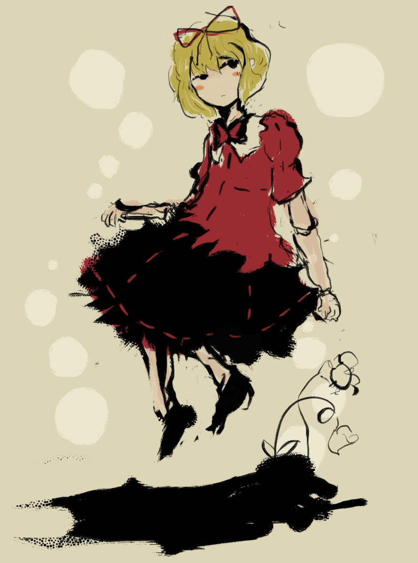 1girl beige_background black_skirt blonde_hair blush_stickers bow doll_joints faux_traditional_media floating flower hair_bow highres legs lily_of_the_valley looking_to_the_side medicine_melancholy red_bow red_shirt shadow shoes short_hair simple_background skirt solo stitching sumi-e timesoe touhou